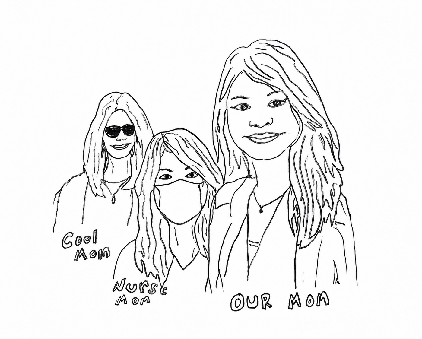 Family line art drawing of Joy as a mother and nurse